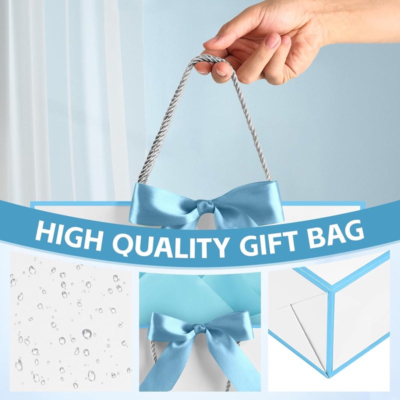 JMANNI 1PCS Large Gift Bag with Ribbon and 1 Greeting Card 2 Tissue Papers, Portable Paper Gift Bag with Handles, Birthday Present Bags for Wedding Party,Mothers Day12.6" x 9.8" x 3.9"(White-Blue - Image 5
